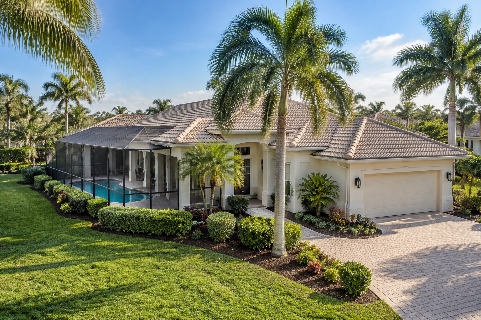 Naples-area single-story home with tropical landscaping and a screened pool lanai.