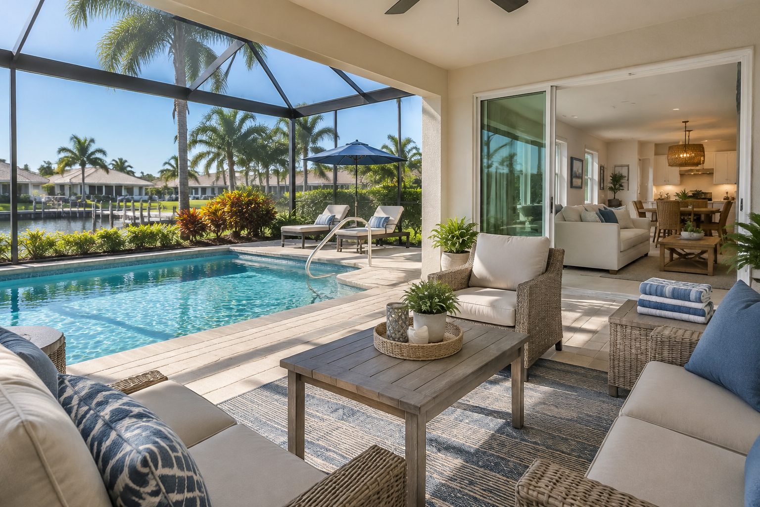 Screened pool and neatly furnished lanai at a Southwest Florida vacation rental home.