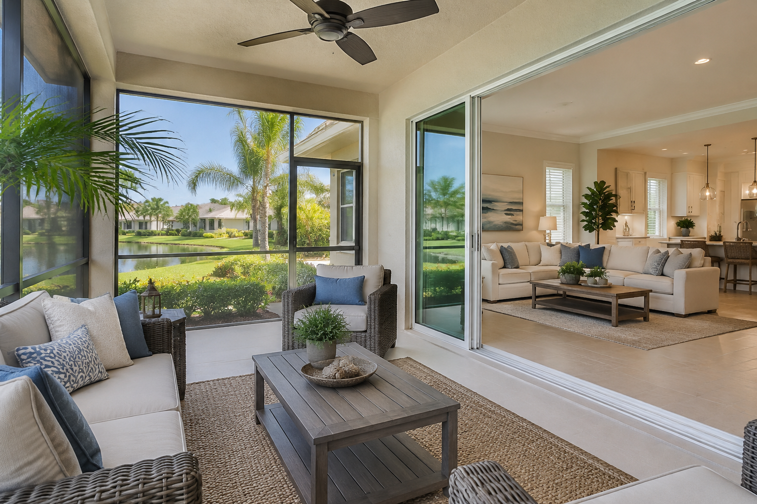 Clean screened lanai and bright, uncluttered living room in a Southwest Florida home prepared for sale.