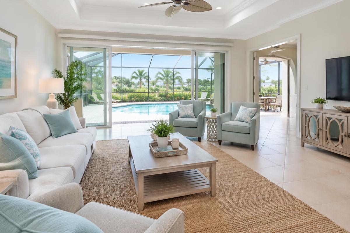 Illustrative staged Florida living room overlooking a screened pool lanai